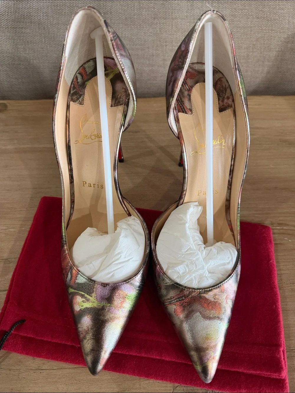 Christian Louboutin Metallic Floral Pointed-Toe Pumps - Red, Gold, Green